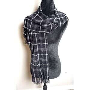 Black Plaid 100% Wool Scarf Rayon Cashmere with Fringe by Joseph Abboud